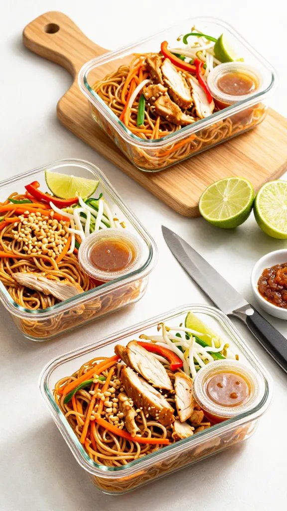 Meal-prep scene: three clear glass containers neatly filled with healthy chicken pad Thai—glossy noodles, diced chicken breast, crunchy vegetables (carrot ribbons, red bell pepper, bean sprouts, scallions), and a sprinkle of crushed peanuts; lime wedges tucked in one corner and a small sealed cup of extra sauce in each container; arranged on a wooden board with a chef’s knife, halved limes, and a small dish of tamarind paste nearby; bright overhead daylight, clean minimal aesthetic, no text.