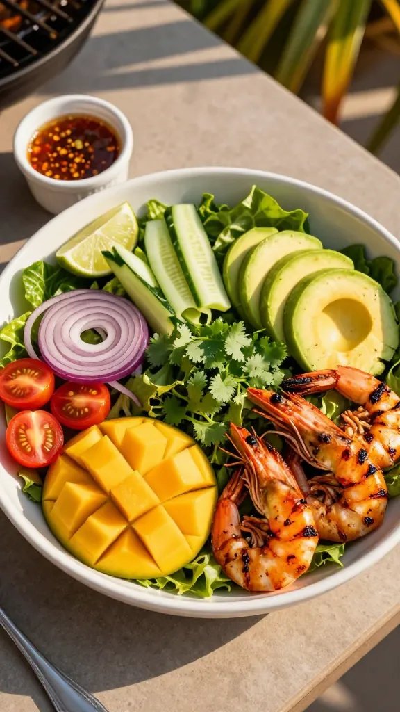 Overhead shot of a vibrant summer salad in a wide shallow bowl on a sunlit outdoor table: mixed baby greens, grilled chili-lime shrimp with light char marks, ripe mango cubes, creamy avocado slices fanned out, thinly sliced red onion, cucumber ribbons, cherry tomatoes halved, and a sprinkle of fresh cilantro. A small ramekin of lime-chili vinaigrette and lime wedges on the side, faint grill and tropical leaves blurred in the background, warm golden-hour lighting, high contrast, crisp detail, no text.
