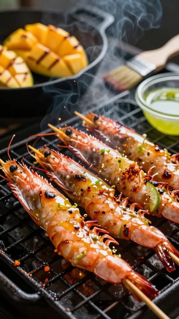 Close-up of shrimp sizzling on a grill grate: large shrimp skewered, glossy from a marinade of olive oil, lime zest, lime juice, honey, chili powder, and smoked paprika, with caramelized edges and a few grill flare-up sparks. In the background, a cast-iron pan holds mango slices getting light grill marks, with a brush and small bowl of marinade nearby. Moody backlight with rising steam, shallow depth of field, rich color saturation.