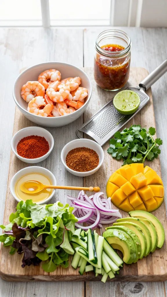 Step-by-step style composition on a rustic wooden surface: ingredients neatly arranged before tossing the salad—bowl of peeled large shrimp, small dishes of chili powder and smoked paprika, a microplane with fresh lime and zest, a drizzle of honey in a spoon, chopped mango, sliced avocado, mixed greens, red onion slivers, cilantro, and cucumber ribbons. A glass jar of chili-lime dressing partially emulsified, with a grill pan and tongs at the edge of the frame. Bright natural window light, soft shadows, clean, appetizing styling.