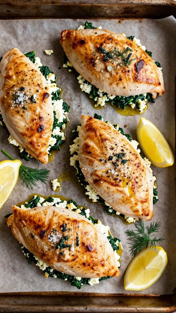 Overhead shot of a rustic sheet pan just out of the oven with four golden-brown sear-and-bake spinach and feta stuffed chicken breasts, each sliced slightly to reveal a vibrant green garlicky spinach and crumbly white feta filling; light olive oil sheen, coarse black pepper, and flaky salt visible; a few lemon wedges and sprigs of fresh dill scattered; warm, natural kitchen light, shallow depth of field, no text.