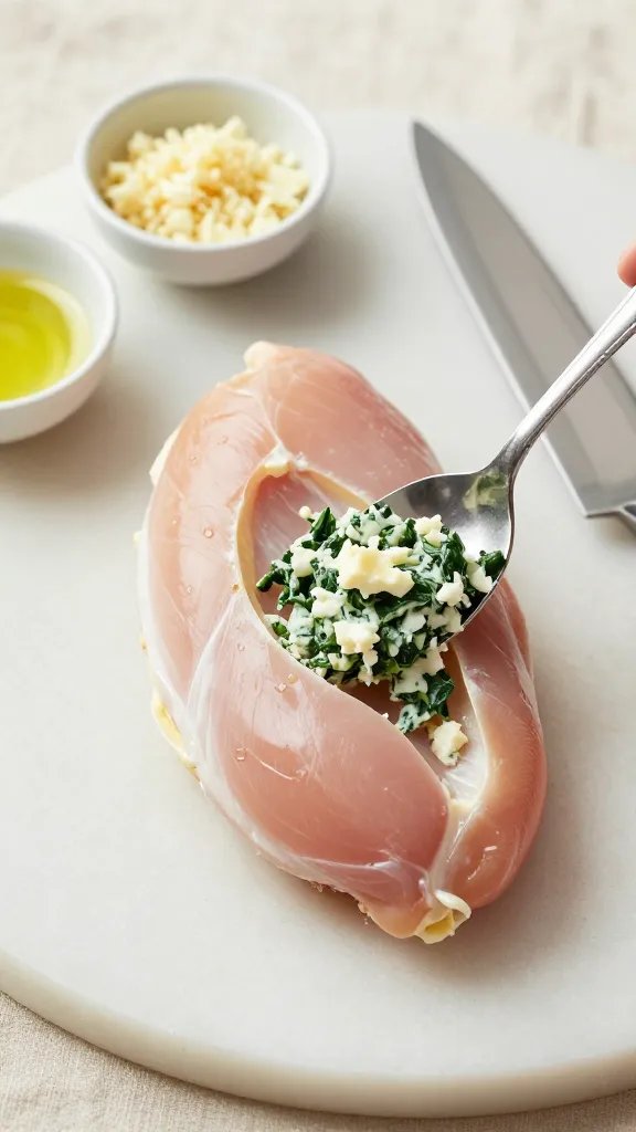 Close-up, 45-degree angle of a cutting board scene mid-prep: a boneless skinless chicken breast butterflied open with a pocket, a spoonful of creamy spinach-feta-garlic mixture being tucked inside; visible textures of chopped spinach and crumbled feta; small bowls of minced garlic and olive oil nearby; neutral linen, sharp chef’s knife, bright but soft daylight, clean home-cooking aesthetic.
