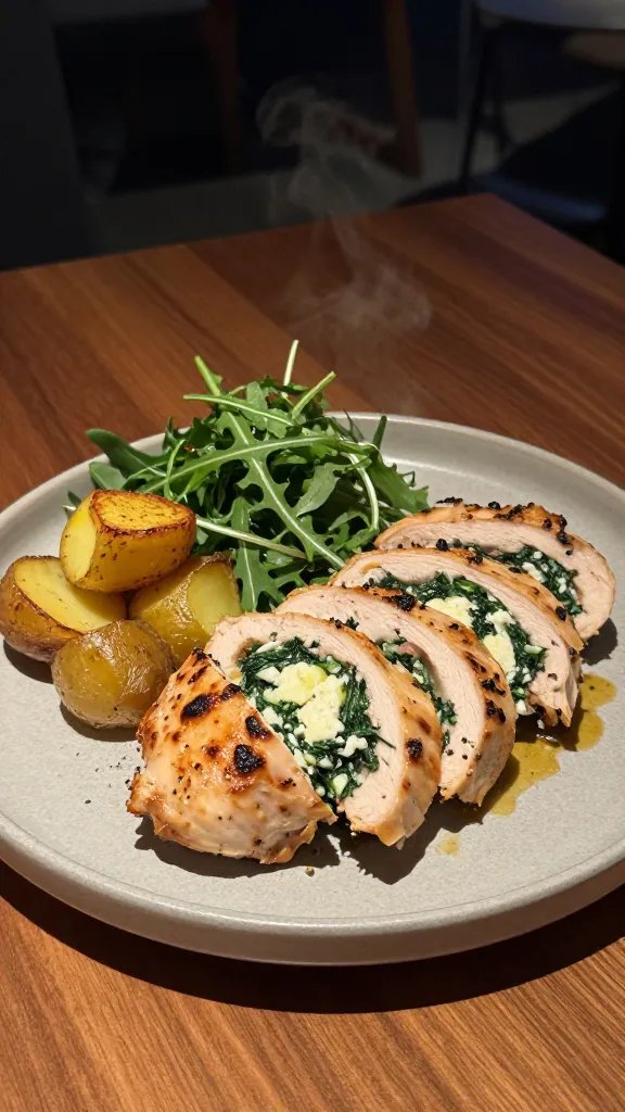 Cozy plated dinner shot: one sliced stuffed chicken breast fanned to show juicy interior and melty feta-spinach filling, served with a side of lemony roasted potatoes and a simple arugula salad; drizzle of pan juices, cracked pepper, and a hint of steam; matte ceramic plate on a wooden table, moody evening light, shallow depth of field, restaurant-at-home vibe, no text.