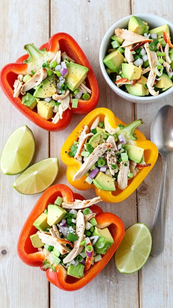 Overhead shot of a rustic wooden table with a vibrant summer lunch spread: halved red, yellow, and orange bell peppers stuffed with a creamy avocado chicken salad. The filling is chunky with visible shredded rotisserie chicken, ripe avocado cubes, finely diced red onion, celery, and cilantro, lightly glossed with lime. Garnish with thinly sliced green onions, a sprinkle of cracked black pepper, and flaky sea salt. Include lime wedges, a small bowl of extra filling, and a spoon. Natural daylight, soft shadows, no text, clean, bright color palette.