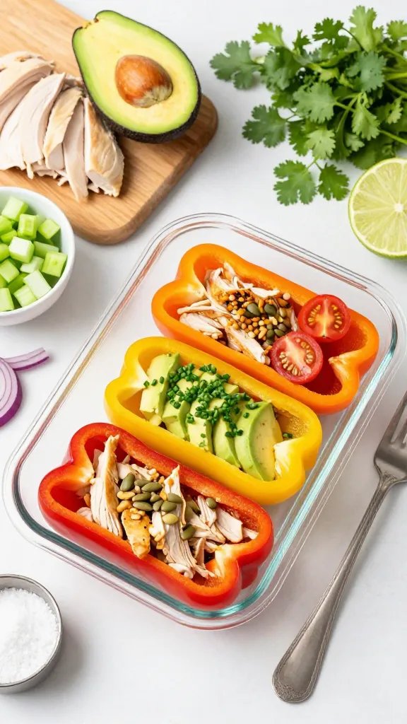 Meal-prep scene in a bright kitchen: a clear glass meal-prep container with three colorful bell pepper halves (red, yellow, orange) neatly filled with avocado chicken salad. Each is topped differently—one with toasted pumpkin seeds, one with chopped chives, one with cherry tomato halves. Surround with ingredients: halved avocado with pit, shredded chicken on a board, small bowls of diced celery and red onion, lime halves, cilantro bunch, and a pinch bowl of sea salt. Overhead composition, crisp focus, airy, inviting mood.