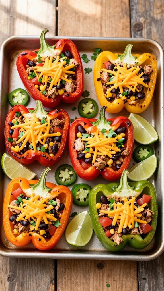Overhead shot of a sheet pan on a rustic wooden table with six halved bell peppers (red, yellow, and green) roasted until slightly blistered at the edges, each stuffed with a light taco filling made from lean ground turkey, black beans, corn, and diced tomatoes, topped with a modest sprinkle of melted cheddar-jack cheese. Garnish with finely chopped cilantro, thinly sliced jalapeños, and lime wedges scattered around. Soft natural window light, shallow shadows, no text, appetizing editorial food photography.