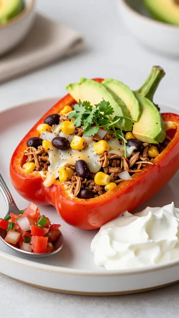 Close-up, three-quarter angle of a single stuffed bell pepper on a matte ceramic plate, showcasing juicy taco filling (lean ground turkey, onions, spices) studded with corn and black beans, a light melt of cheese, and a dollop of Greek yogurt in place of sour cream on the side. Add a small spoonful of fresh pico de gallo, a few avocado slices, and micro cilantro on top. Background softly blurred kitchen scene with neutral tones, bright and clean, high-resolution food styling, no text.