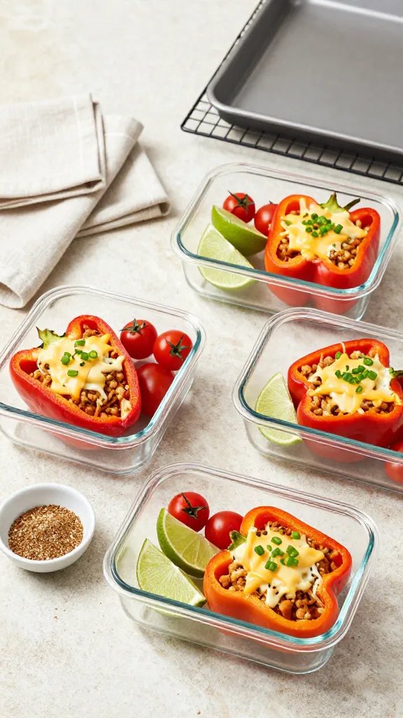 Meal-prep scene: four clear glass meal-prep containers arranged neatly on a light stone countertop, each holding one stuffed bell pepper half with light taco filling and melted cheese, plus a side of lime wedge, a few cherry tomatoes, and a sprinkle of chopped scallions. Include a folded linen napkin, a small bowl of taco seasoning and cumin seeds nearby, and a cooling rack with an empty sheet pan in the background. Bright overhead daylight, crisp, modern, no text.