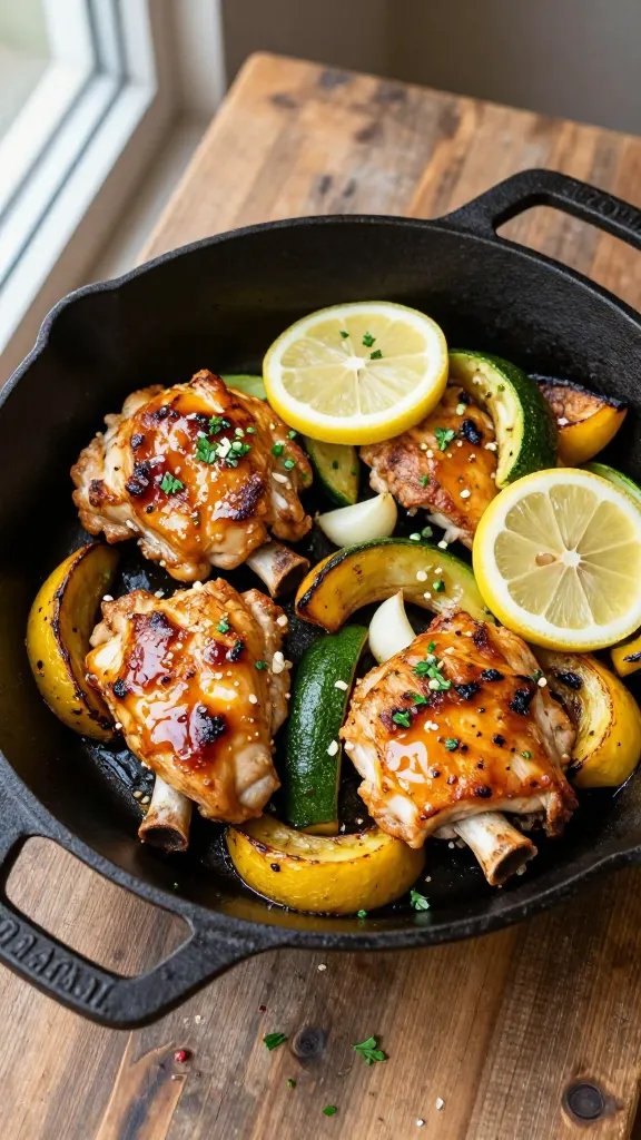 Overhead shot of a black cast-iron skillet on a rustic wooden table, filled with crispy seared boneless chicken thighs glazed in a glossy lemon-garlic butter sauce; golden-brown edges on the chicken, nestled with tender sautéed zucchini and yellow squash half-moons, lightly charred; thin lemon slices and fresh lemon zest scattered on top; a few crushed garlic cloves visible; sprinkle of chopped parsley for freshness; natural window light from the left, shallow depth of field, no text.