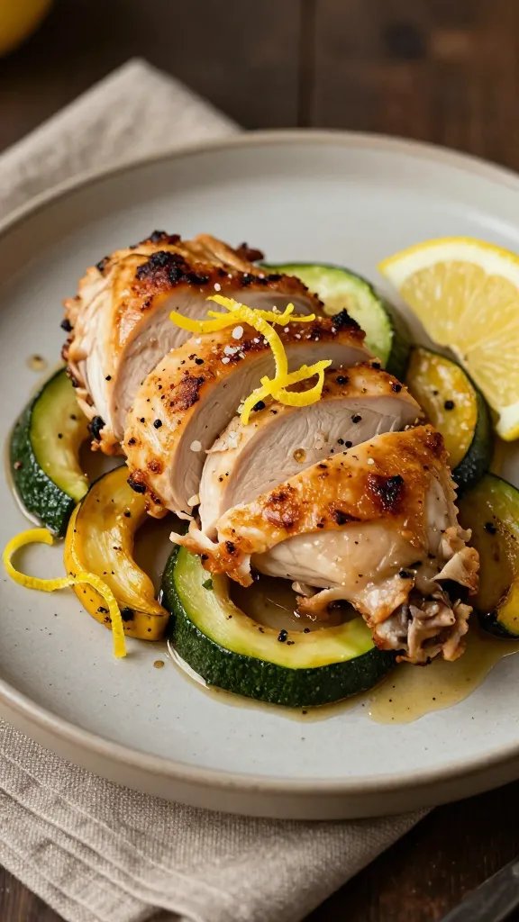 Close-up, three-quarter angle of a plated serving: sliced juicy chicken thigh with crisped edges fanned over a bed of sautéed zucchini and yellow squash half-moons; visible flecks of black pepper and sea salt; micro-beads of lemon juice glistening; a small pool of pan sauce around the edges; lemon zest ribbons and a single lemon wedge on the side; neutral ceramic plate on a linen napkin; warm, moody lighting with soft shadows; high detail, no text.