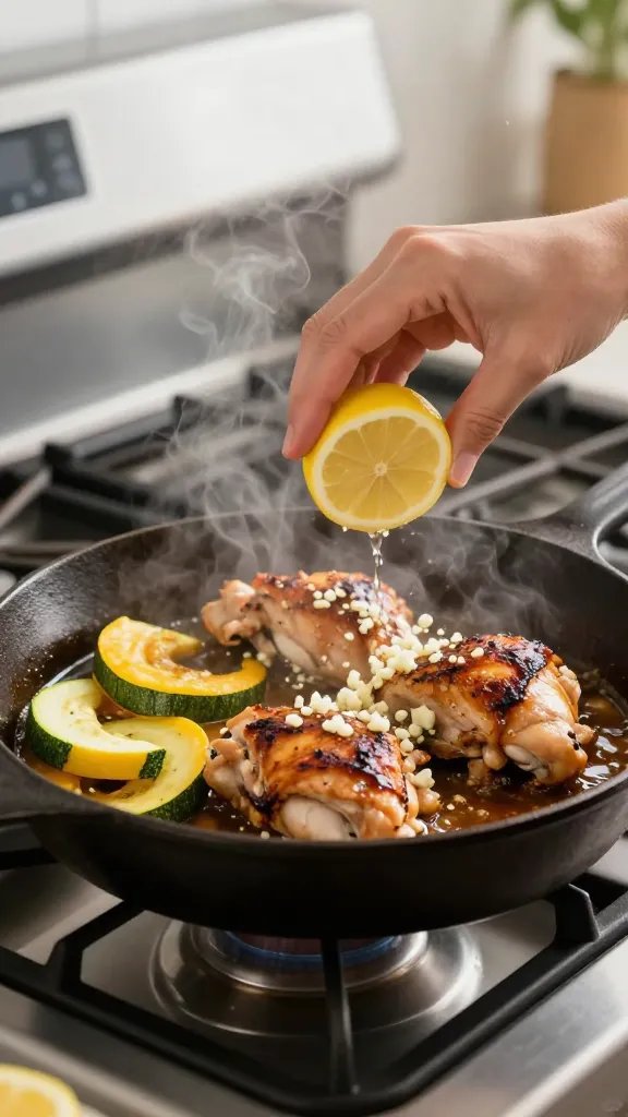 Action shot at the stove: a hand squeezing a halved lemon over a sizzling cast-iron skillet of browned chicken thighs, steam rising; minced garlic and herbs visible in the bubbling sauce; zucchini and yellow squash half-moons just added, vibrant green and yellow; stainless range in soft blur; bright, clean kitchen aesthetic with directional light highlighting the gloss of the sauce; cinematic composition, no text.