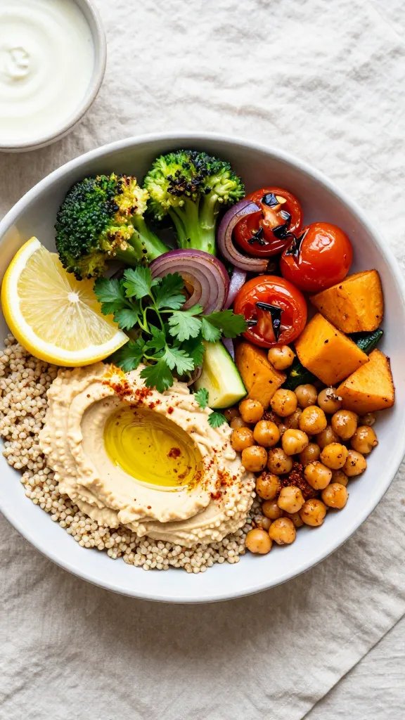 Overhead shot of a vibrant Roasted Veggie & Hummus Protein Bowl in a matte ceramic bowl on a light linen background: fluffy quinoa base, a generous swoosh of creamy hummus topped with a drizzle of olive oil and sprinkle of paprika, roasted rainbow vegetables (charred broccoli florets, caramelized red onions, blistered cherry tomatoes, golden sweet potato cubes, and zucchini), warm spiced chickpeas (cumin, smoked paprika), a lemon wedge, fresh parsley and cilantro, and a small dish of tahini sauce on the side; soft natural window light, high-contrast, crisp detail, no utensils, no text.