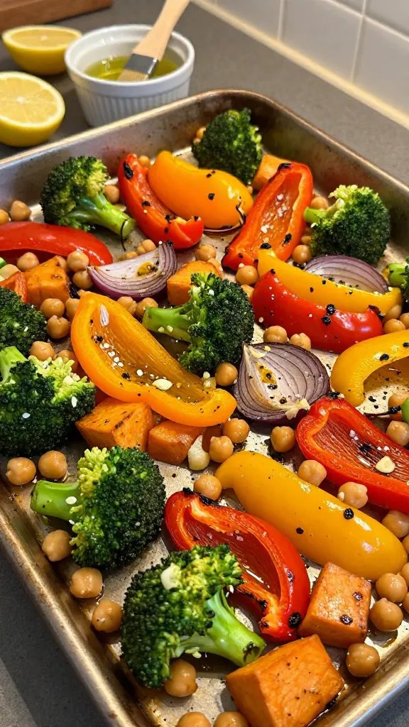Close-up 45-degree angle of a rustic sheet pan fresh from the oven with roasted vegetables and chickpeas: evenly spaced broccoli, bell peppers in red/orange/yellow, red onion petals, sweet potato cubes, and chickpeas glistening with olive oil, flecked with sea salt, black pepper, minced garlic, and cumin; slight char on edges; a small ramekin of olive oil with a pastry brush, lemon halves off to the side; warm, cozy kitchen light, shallow depth of field for texture emphasis, no text.