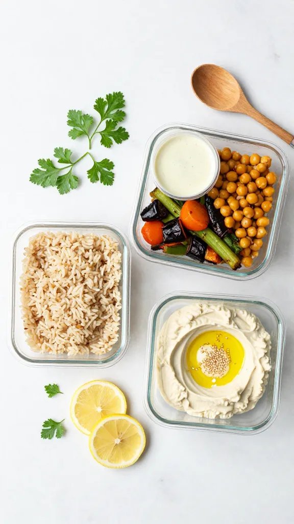 Minimalist meal-prep scene: three clear glass containers each holding deconstructed components for the bowl—left side fluffy brown rice, middle section roasted mixed vegetables, right section cumin-smoked paprika chickpeas, with a separate small container of tahini-lemon dressing and a dollop of hummus topped with olive oil and sesame seeds; scattered fresh parsley, lemon slices, and a wooden spoon nearby; clean marble surface, bright daylight, top-down composition, vibrant but natural colors, no text.