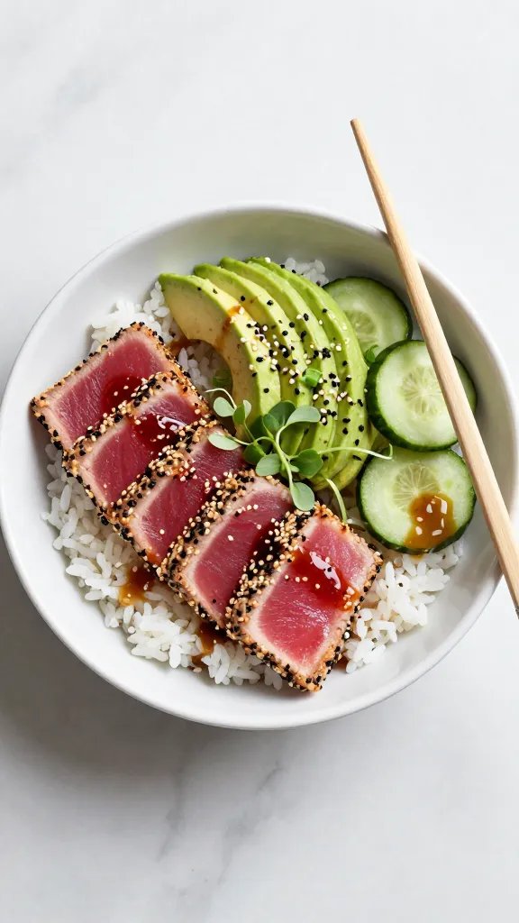 Overhead shot of a modern, minimal white bowl filled with a seared ahi tuna bowl: thick slices of ruby-centered, sesame-crusted tuna fanned over warm, fluffy short-grain white rice; creamy avocado slices sprinkled with black and white toasted sesame seeds; thinly sliced Persian cucumbers; a drizzle of glossy soy-lime-sesame sauce pooling slightly on the rice; garnished with finely sliced scallions and a few microgreens. Natural daylight from the side, soft shadows, clean marble surface, chopsticks resting on the rim, no text.