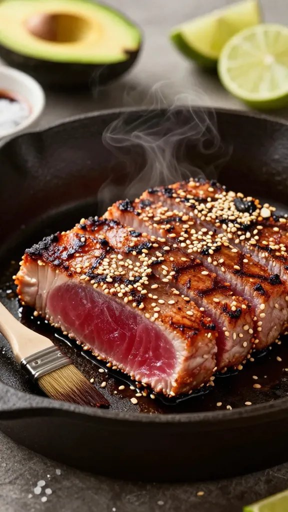 Close-up, 45-degree angle of a cast-iron skillet just after searing ahi tuna: tuna steak with a deep brown, sesame-studded crust on the edges and a vibrant ruby interior visible on a sliced edge; a light wisp of steam; scattered toasted sesame seeds and a small bowl of soy-lime sauce with a brush nearby. Background elements slightly blurred: halved avocado, lime wedges, a small dish of flaky salt. Warm, directional kitchen lighting, high detail, no text.