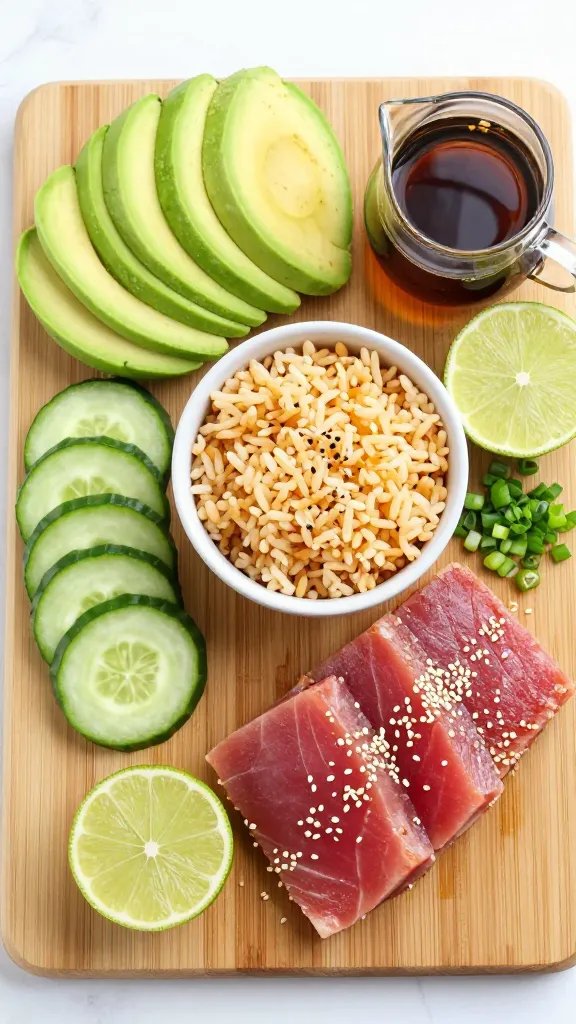 Bright, fresh prep scene on a wooden board: neatly arranged components for the bowl—perfectly sliced avocado fan, thin cucumber rounds, a mound of hot rice in a small bowl, a raw sushi-grade tuna steak patted dry and seasoned with sesame seeds, lime halves, a small pitcher of soy-sesame-lime dressing, and a sprinkle of scallions. Overhead composition, vibrant colors, clean and inviting styling, natural window light, no text.