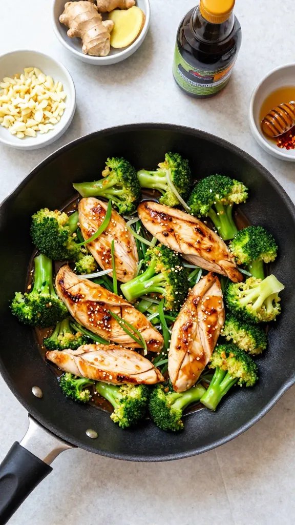 Overhead shot of a clean-eating chicken and broccoli stir fry in a black carbon-steel wok on a light stone countertop. Juicy, seared chicken breast slices and vibrant, crisp-tender broccoli florets are coated in a glossy garlic-ginger sauce, with visible toasted sesame oil sheen. Thinly sliced green onions and toasted sesame seeds sprinkled on top. Small bowls around the wok show ingredients: minced garlic, grated ginger, coconut aminos, low-sodium tamari, a spoon with honey, and red chili flakes. Natural daylight, minimal, fresh, real-food vibe. No text.