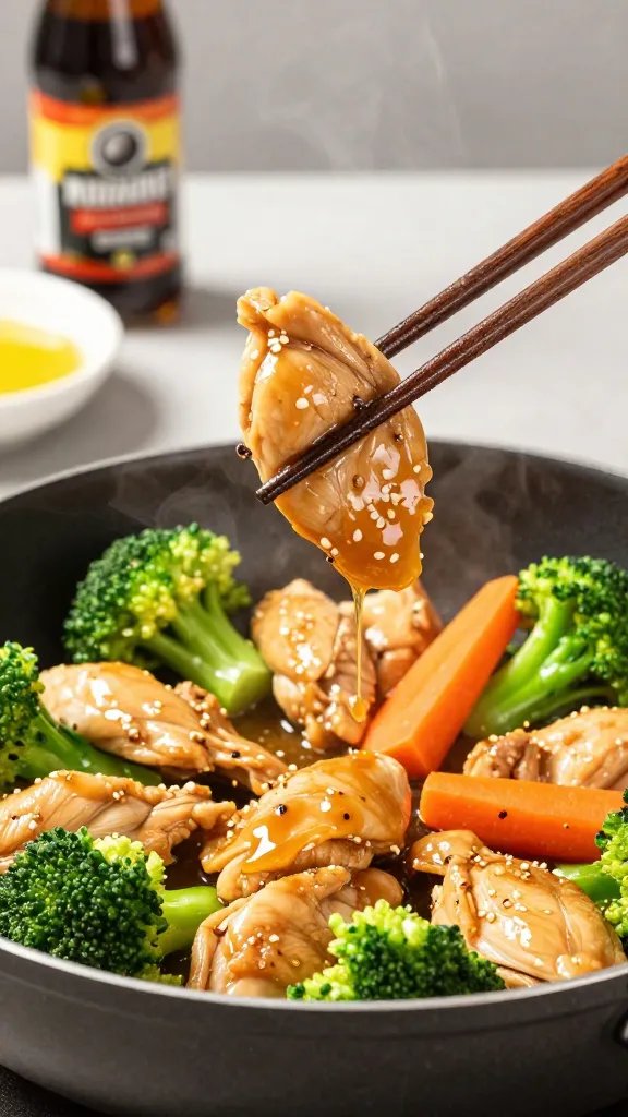 Close-up, 45-degree angle of chopsticks lifting a bite of chicken and broccoli dripping with a glossy, garlicky sauce. The skillet beneath shows more chicken pieces, bright green broccoli, and a few carrot matchsticks for contrast. Steam is visible, and the sauce clings to every surface. Background includes a small dish of coconut aminos and a tiny ramekin of sesame oil, slightly out of focus. Clean, modern kitchen setting, high contrast, appetizing highlights. No text.