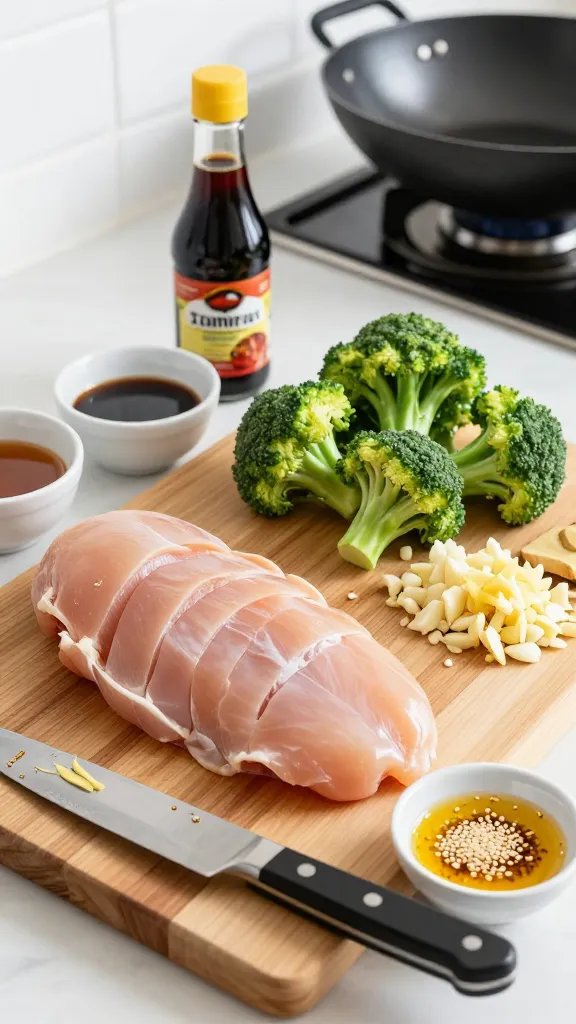 Ingredient prep scene on a wooden board: raw boneless skinless chicken breast sliced into even strips, fresh broccoli cut into bite-sized florets, minced garlic and grated ginger in neat piles, a small bowl of coconut aminos, a small bowl of low-sodium tamari, a teaspoon with honey, and a small dish of toasted sesame oil. A chef’s knife with a few ginger fibers on the blade, and a preheated wok in the background on the stove. Bright natural light, crisp, clean-eating aesthetic. No text.