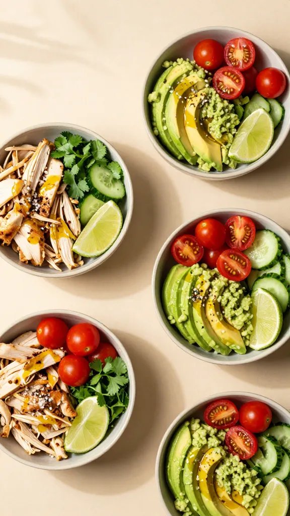 Overhead shot of a vibrant meal-prep scene: four shallow ceramic bowls filled with shredded roast chicken, diced ripe avocado folded into a creamy mash, halved cherry tomatoes, thinly sliced Persian cucumbers, chopped cilantro, and a wedge of lime in each bowl. Drizzle of olive oil and a sprinkle of flaky sea salt and cracked pepper on top. Warm neutral backdrop, soft natural window light, subtle shadows, no text, modern minimal kitchen vibe, high-resolution food photography.