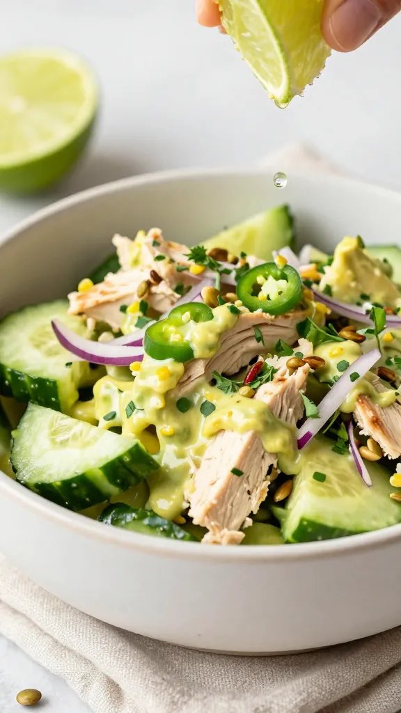 Close-up three-quarter angle of a single avocado chicken salad bowl: creamy avocado dressing coating the chicken and cucumbers, with visible lime zest, red onion slivers, and finely chopped jalapeño for a zippy kick. Garnish with fresh herbs (cilantro and chives), toasted pepitas scattered around, and a lime being squeezed just out of frame to catch droplets. Shallow depth of field, bright and clean color palette, matte stoneware bowl on a light linen napkin.