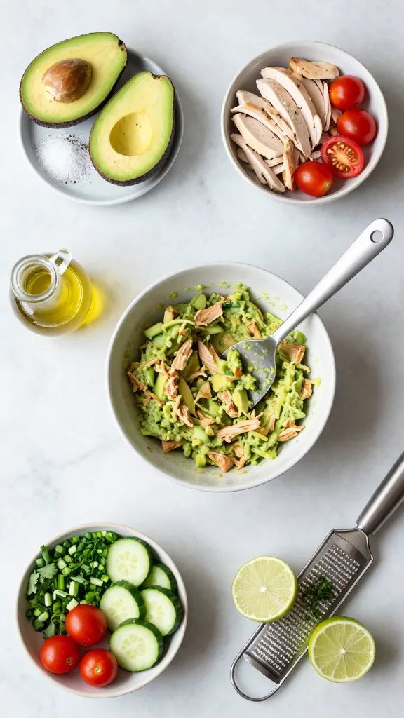 Step-by-step collage style on a light marble surface: small bowls holding ingredients—ripe avocados scooped and lightly mashed with lime, salt, and pepper; shredded poached chicken breast; halved cherry tomatoes; sliced cucumbers; chopped cilantro and chives; olive oil in a glass bottle; lime halves and a microplane with fresh zest. Central larger bowl showing the avocado-chicken mixture being folded with a spatula. Soft diffused daylight, crisp styling, top-down composition, no text.