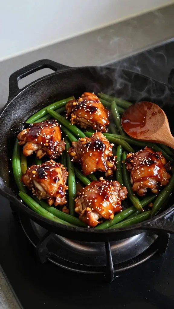 Overhead shot of a black cast-iron skillet on a stovetop, filled with glossy honey-garlic chicken thigh pieces and vibrant green beans. Chicken is caramelized with sticky glaze, speckled with minced garlic and sesame seeds, sauce visibly clinging to the beans. A wooden spoon with a sheen of sauce rests on the skillet edge, small steam wisps rising. Neutral kitchen background, moody natural light from the left, shallow shadows, no text.