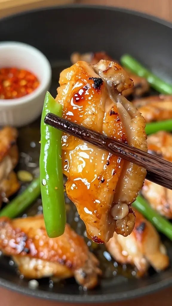 Close-up, three-quarter angle of chopstick-held bite: a glistening piece of seared chicken thigh coated in honey-garlic glaze, tiny charred edges, with a bright green bean tucked alongside. Background shows a blurred skillet with more chicken and beans, a ramekin of red pepper flakes, and a small dish of honey. High contrast, warm tones, cinematic depth of field, no text.