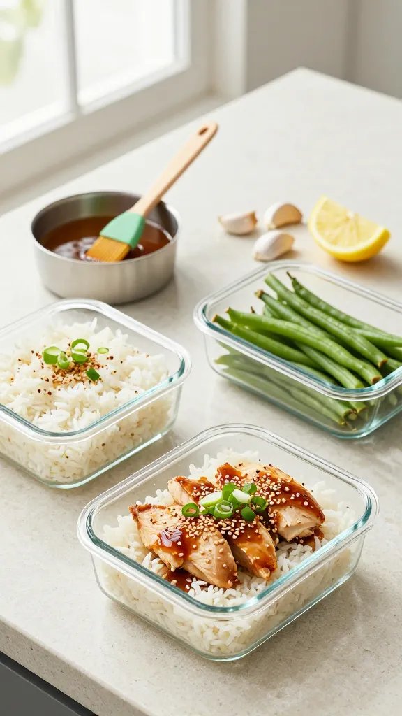 Meal-prep scene on a light stone countertop: three glass containers neatly filled with jasmine rice, honey-garlic chicken, and crisp-tender green beans. Extra glaze drizzled over chicken, sprinkled with thinly sliced scallions and toasted sesame seeds. A small saucepan of glossy sauce with a silicone brush nearby, lemon wedge and garlic cloves off to the side. Bright natural window light, clean modern aesthetic, no text.