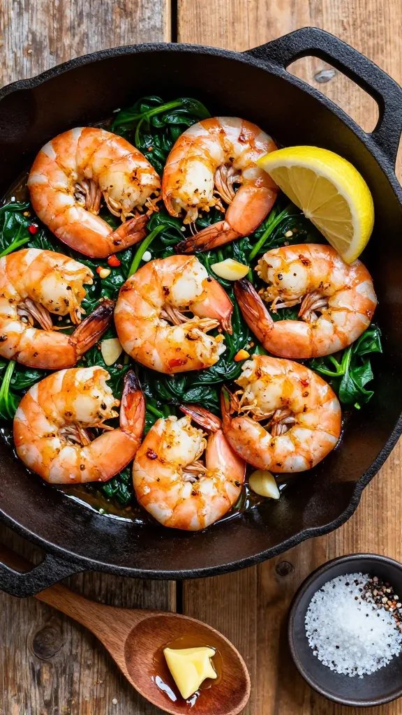 Overhead shot of a black cast-iron skillet on a rustic wooden table, filled with large pink-gold seared shrimp glistening in melted butter with visible browned bits, heaps of wilted bright-green spinach tucked between shrimp, thin slices of garlic and red chili flakes scattered throughout, lemon wedges nestled on the side of the skillet, a small pool of glossy garlic butter sauce at the bottom reflecting light; nearby a wooden spoon with butter sheen and a small dish of flaky salt and cracked pepper.