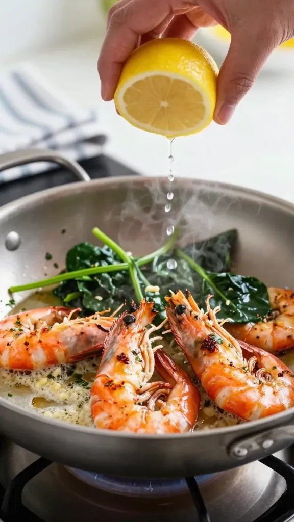 Close-up, three-quarter angle of shrimp being tossed in a stainless-steel skillet over medium-high heat: shrimp curled and slightly charred at the edges, ribbons of steam rising, minced garlic sizzling in foamy butter, a hand squeezing half a fresh lemon over the pan with droplets mid-air, fresh spinach just added and beginning to wilt, a sprinkle of parsley and red pepper flakes on top; background softly blurred kitchen counter with a folded striped kitchen towel.