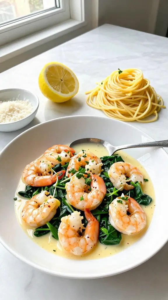 Bright, clean plating scene: a shallow white bowl piled with garlic butter shrimp and silky wilted spinach, spooned with a glossy lemon-butter pan sauce pooling around the edges, garnished with micro parsley and a dusting of chili flakes; to the side, a small mound of al dente linguine lightly coated in butter ready to be mixed in, lemon half and a small dish of grated Parmesan nearby; natural window light, light marble surface, no text.