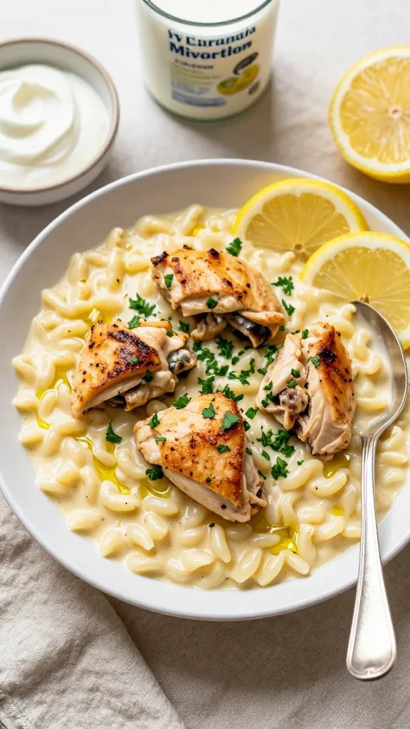Overhead shot of a cozy, shallow white bowl filled with creamy lemon chicken orzo: glossy, silky orzo coated in a pale, velvety lemon sauce with visible lemon zest flecks, topped with juicy golden-browned boneless chicken thigh pieces, fresh chopped parsley, thin lemon slices tucked at the edge, and a light drizzle of olive oil. A silver spoon rests in the bowl, sauce lightly clinging. Set on a warm, neutral linen with a small bowl of Greek yogurt, a can of evaporated milk, and a halved lemon in the background. Soft natural window light, minimal rustic styling, no text.