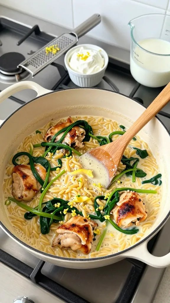In-process stovetop scene: a wide, light-colored Dutch oven on a gas range, orzo simmering directly in a creamy sauce. A wooden spoon stirs, showing silky, starchy liquid thickening with tiny bubbles. Browned chicken thigh pieces are folded in, along with bright green spinach ribbons wilting and lemon zest sprinkled on top. A small ramekin of Greek yogurt and a microplane with fresh zest sit nearby, plus a measuring cup with evaporated milk. Clean, bright kitchen vibe, overhead three-quarter angle.