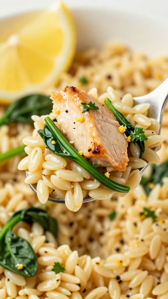Close-up macro of a spoonful lifted from a bowl of lemon chicken orzo: tender orzo grains glossy and cohesive, a juicy chunk of seared chicken, ribbons of spinach, tiny parsley leaves, and visible lemon zest. Background softly blurred bowl with more orzo, a wedge of lemon, and cracked black pepper. Natural light highlighting creaminess without heaviness, colors warm and inviting, no text.