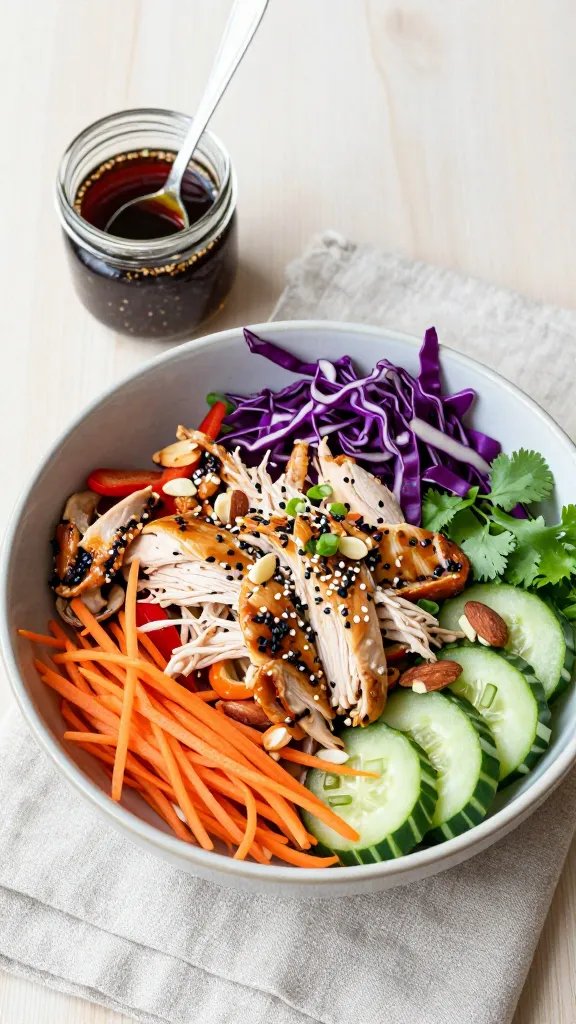 Overhead shot of a vibrant Asian chicken salad in a wide, shallow ceramic bowl: shredded rotisserie chicken, finely shredded purple cabbage and Napa cabbage, julienned carrots, thinly sliced cucumber, red bell pepper strips, scallions, cilantro leaves, and toasted sliced almonds; topped with black and white toasted sesame seeds. A small glass jar of glossy sesame dressing (soy, rice vinegar, sesame oil) sits to the side with a spoon dripping dressing. Neutral linen, light wood table, soft natural window light, no text, high detail, appetizing, clean modern food styling.