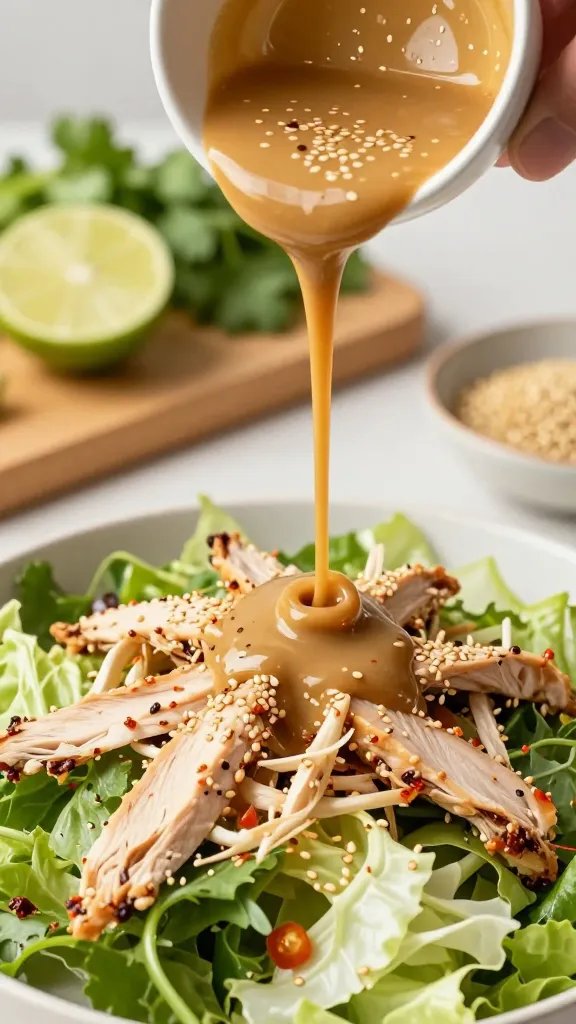 Close-up action scene: a hand pouring thick, shiny sesame dressing over a composed salad of mixed crunchy veggies and chicken. Dressing streams over chicken shreds and cabbage, catching light to show viscosity; visible flecks of sesame seeds and chili flakes in the dressing. Background softly blurred: cutting board with halved lime, bunch of cilantro, and a small dish of toasted sesame seeds. Warm natural light, shallow depth of field, no text.