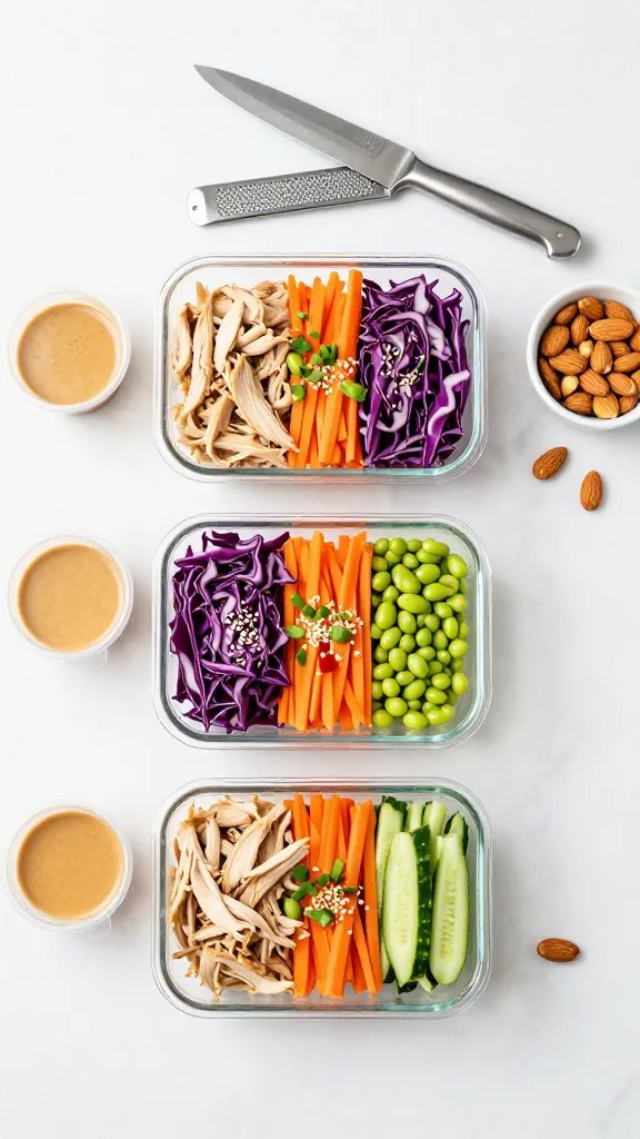 Meal-prep layout: three clear rectangular glass containers neatly filled with Asian chicken salad components separated in sections—shredded chicken, purple cabbage, carrots, cucumber, edamame, and red pepper—with a sprinkle of sesame seeds and scallions on top. Three tiny lidded sauce containers of sesame dressing placed beside each box. Overhead composition on a white marble surface with a chef’s knife, microplane zester, and a small bowl of toasted almonds nearby. Bright, minimalist, clean lines, no text.