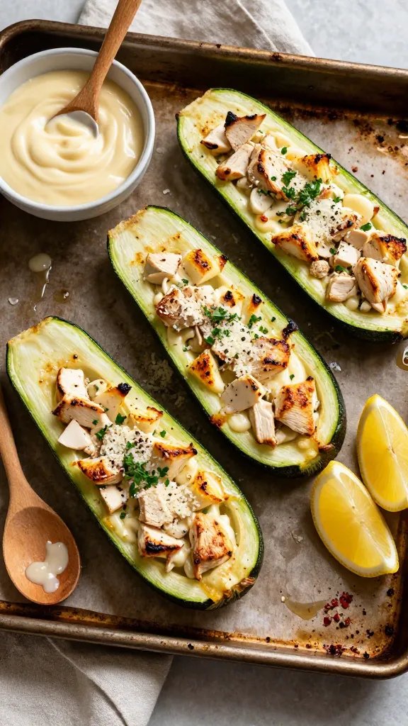 Overhead shot of a rustic sheet pan just pulled from the oven with four halved zucchini “boats” nestled together, hollowed and filled with diced sautéed chicken and a silky light Alfredo sauce; tops are lightly golden and bubbling with freshly grated Parmesan, a few charred spots on the edges, garnished with finely chopped parsley and cracked black pepper. Include a small bowl of extra Alfredo sauce to the side, a wooden spoon with sauce drips, lemon wedges, and a sprinkle of red pepper flakes on a linen napkin. Warm, natural evening kitchen light, shallow depth of field, no text.