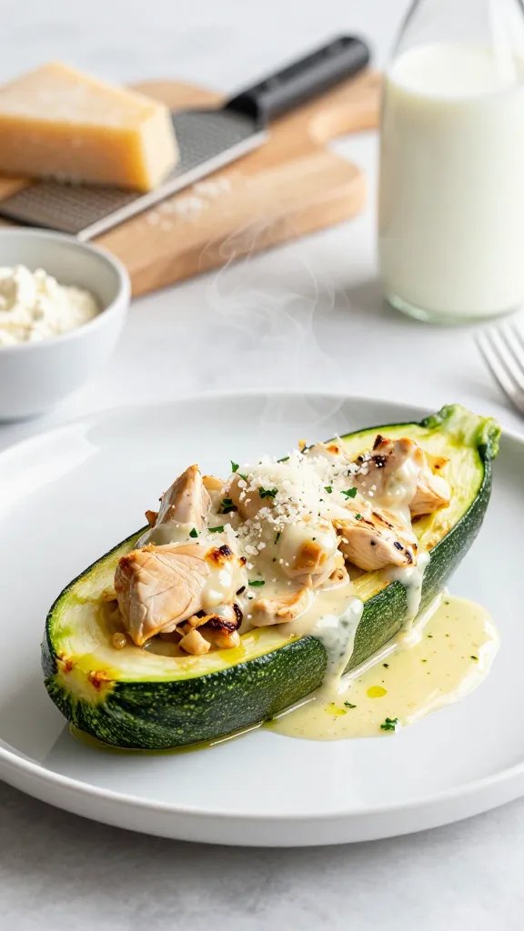 Close-up, 3/4 angle of a single zucchini boat on a white ceramic plate, showing texture: tender roasted zucchini with a slight bite, juicy chicken pieces, creamy sauce clinging and pooling slightly, micro-grated Parmesan melting into the top. Steam visibly rising, olive oil sheen, tiny flecks of garlic and parsley. Background includes a blurred cutting board with freshly grated Parmesan wedge, microplane, a small bowl of cornstarch slurry, and a carafe of low-fat milk to hint at the “light” sauce. Soft, bright daylight, clean minimal styling, no text.