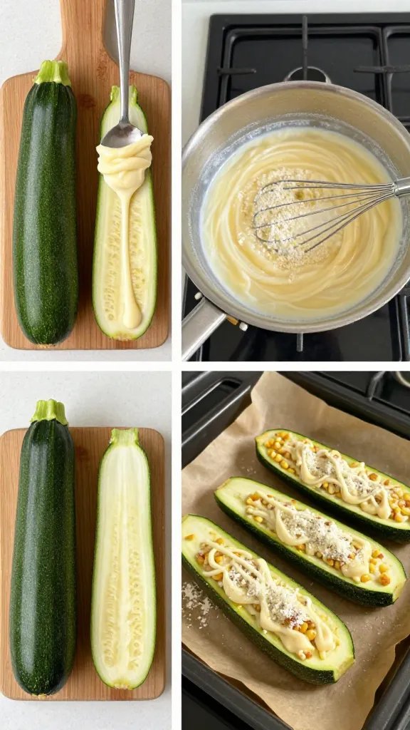 Step-by-step collage-style scene in one frame: left section shows two raw zucchini halves being scooped with a spoon on a wooden board; middle section shows a small saucepan of light Alfredo being whisked—milk swirling, grated Parmesan melting, cornstarch thickening—set on a stovetop; right section shows stuffed zucchini boats going into the oven on parchment, topped with sauce and a dusting of Parmesan. Consistent overhead perspective, cohesive neutral props, pops of green and creamy white, natural light, no text.