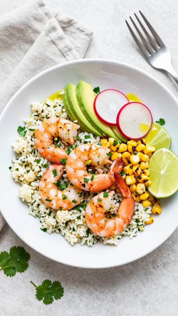 Overhead shot of a vibrant cilantro-lime shrimp cauliflower rice bowl on a matte white plate: juicy pink seared shrimp with light char, sprinkled with chopped cilantro and lime zest, nestled over fluffy cauliflower rice flecked with herbs; garnished with sliced avocado fan, thin radish rounds, charred corn kernels, and a lime wedge; small drizzle of olive oil glistening; neutral linen napkin, silver fork, and scattered cilantro leaves on a light stone surface; bright natural daylight, crisp, clean, fresh, no text.