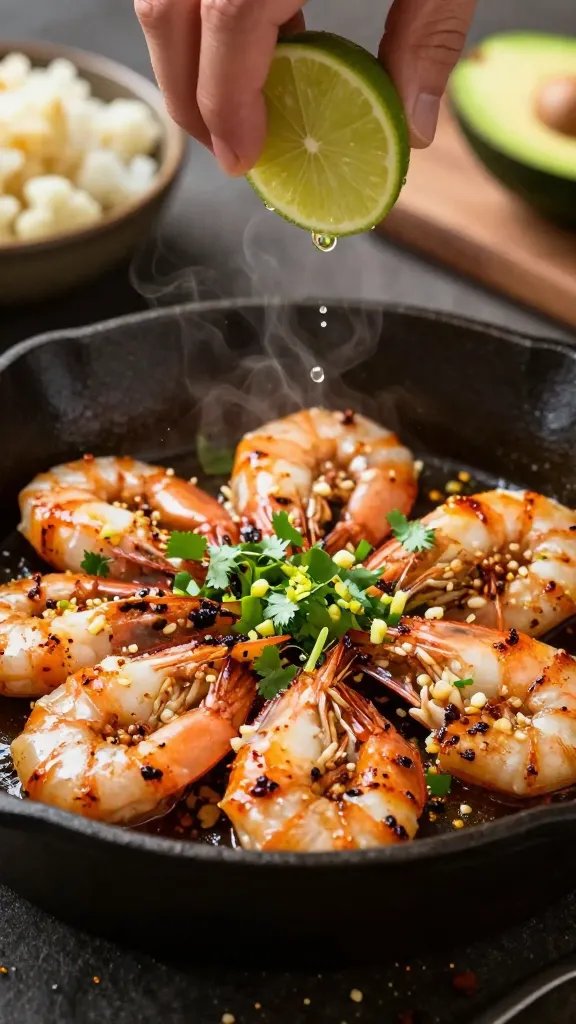 Action close-up in a cast-iron skillet: shrimp sizzling with minced garlic, cumin, and chili powder, edges caramelized; fresh lime being squeezed overhead with visible droplets; scattered chopped cilantro and lime zest on top; warm, directional side light creating steam highlights; background blur shows a small bowl of cauliflower rice and an avocado half on a wooden board; high contrast, appetizing, no text.