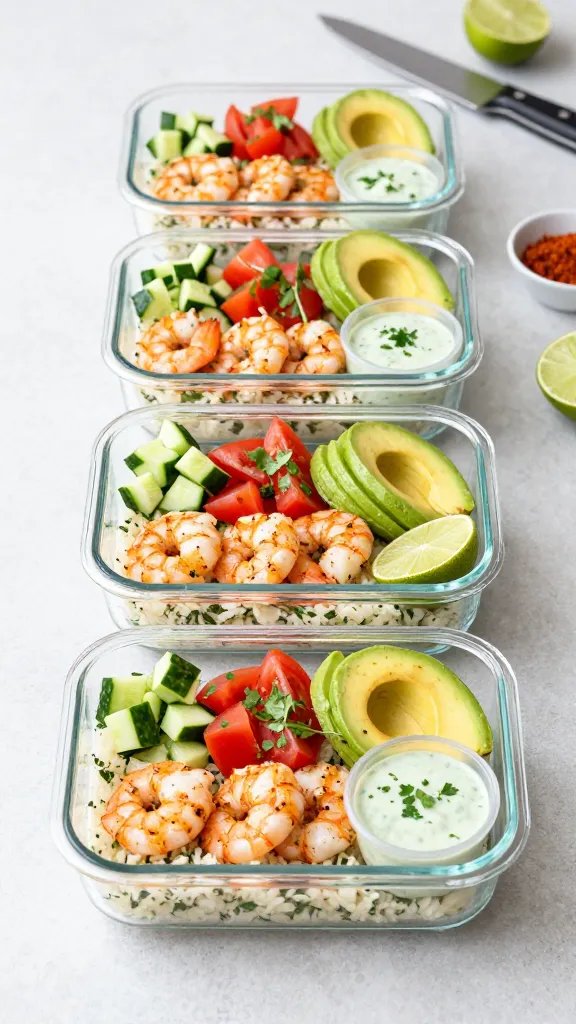 Meal-prep scene with three glass containers lined up: each filled with cilantro-studded cauliflower rice on the bottom, a neat row of seared garlic-lime shrimp, a section of diced cucumber and tomato pico, a fan of avocado slices, and a lime wedge; tiny ramekin of creamy cilantro-lime sauce on the side; sprinkled with extra cilantro; minimalist kitchen counter with a chef’s knife, lime halves, and a small bowl of chili powder visible; bright, airy daylight, clean styling, no text.