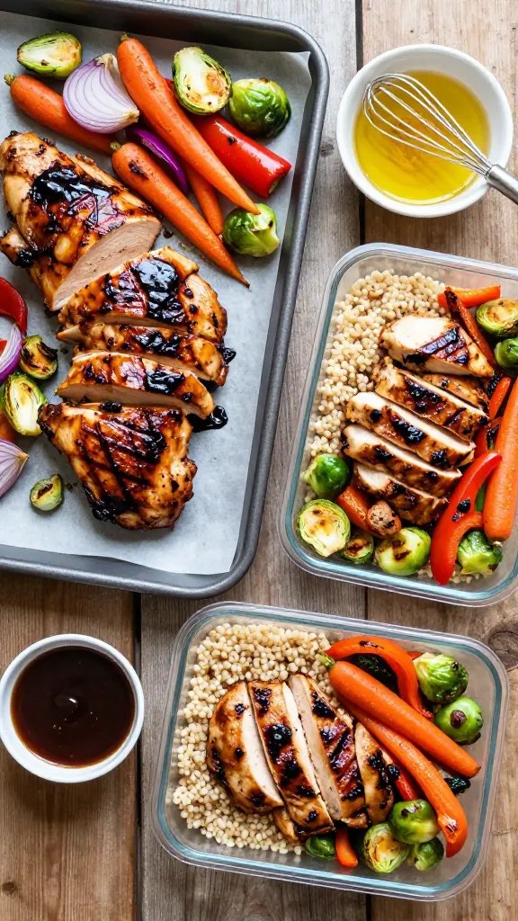 Overhead shot of a meal-prep spread on a rustic wooden table: sliced balsamic-glazed chicken thighs with a glossy, dark sheen and visible grill marks, arranged beside a sheet pan of roasted mixed vegetables (carrots, Brussels sprouts halved with crisped edges, red onion wedges, and bell pepper strips) showing caramelized bits; two meal prep containers filled with a base of fluffy farro, topped with the chicken and veggies, and a small ramekin of thick balsamic-honey glaze; include a small bowl of marinade ingredients (balsamic vinegar, olive oil, Dijon mustard, honey, minced garlic) with a whisk, soft natural daylight, no text.