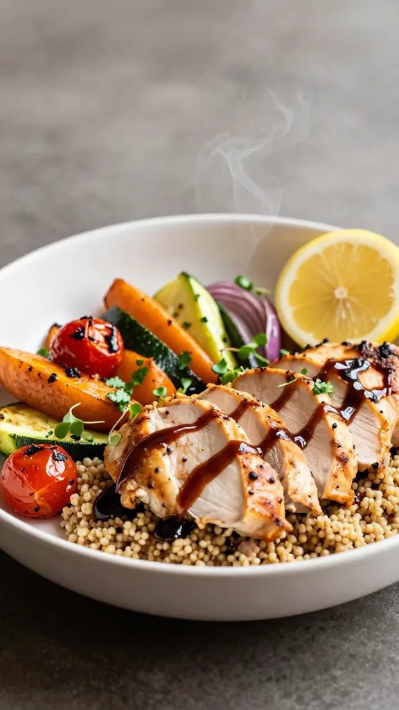 Close-up, three-quarter angle of a single bowl: warm quinoa base topped with sliced, juicy balsamic chicken thighs, rainbow-roasted vegetables (golden sweet potatoes, zucchini coins, cherry tomatoes blistered, purple onions), scattered fresh parsley and microgreens for color, and a visible drizzle of glossy balsamic reduction over the chicken; a lemon wedge on the rim, light steam rising, neutral backdrop, moody yet bright food photography lighting, no text.