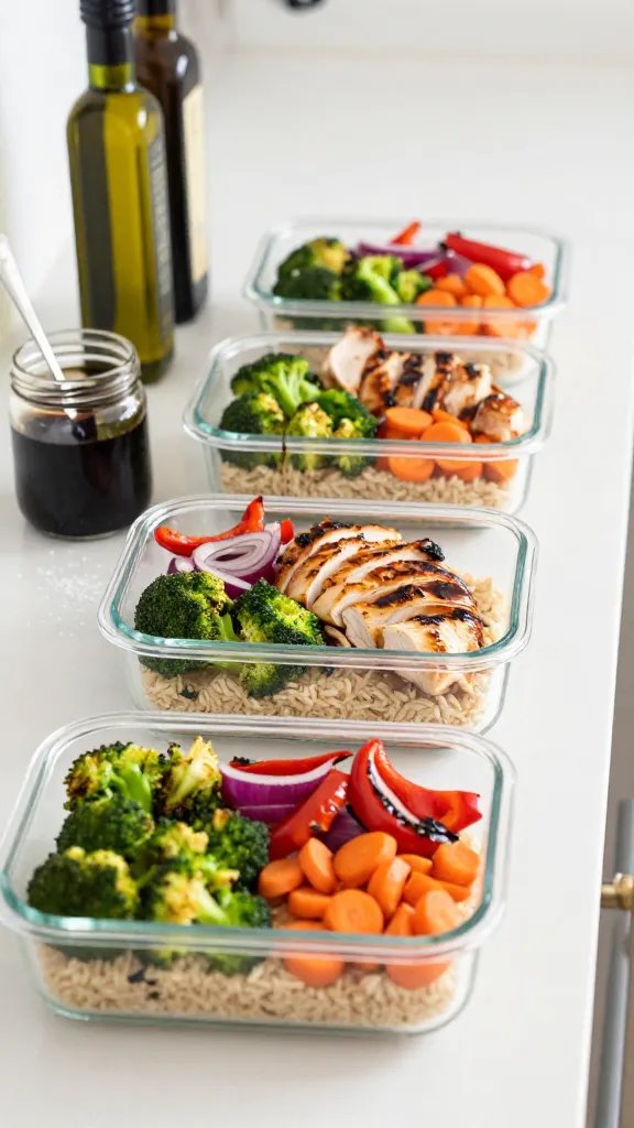 Kitchen counter scene focusing on the “meal prep magic”: four glass meal-prep containers lined up, each filled consistently—bottom layer of brown rice, then a neat section of roasted broccoli florets and carrot coins, another section of roasted red peppers and red onions, and fanned slices of balsamic-marinated chicken thighs on top; a small spoon resting on a jar of thick balsamic glaze mid-drizzle across the first container; sprinkle of flaky salt visible, olive oil bottle and balsamic bottle blurred in background, clean modern aesthetic, daylight, no text.