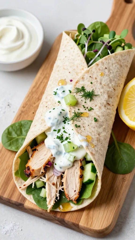 Overhead shot of a freshly assembled Greek yogurt chicken salad wrap on a wooden board: whole-wheat tortilla open-faced, filled with shredded roasted chicken, a creamy white Greek yogurt dressing flecked with black pepper, finely diced celery, red onion, and cucumber for crunch, scattered chopped fresh dill and parsley, a squeeze of lemon visible with a cut lemon half nearby, a light drizzle of honey catching the light, baby spinach leaves lining the wrap, and microgreens on top. Soft natural daylight from the left, bright, crisp, appetizing, no text, minimal props (small bowl of Greek yogurt, tiny dish of sea salt), clean neutral background.