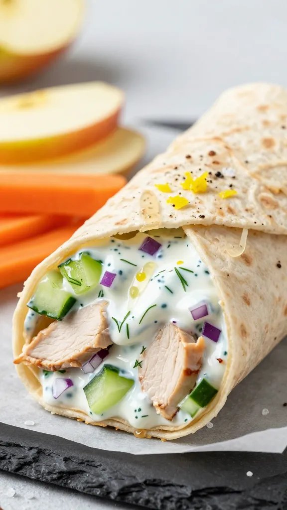 Close-up cross-section of a tightly rolled chicken salad wrap cut on a bias, showing glossy, tangy Greek yogurt coating tender chicken chunks, bits of purple onion, green celery, and cucumber, with specks of dill, all tucked in a warm whole-wheat tortilla. A few flakes of sea salt and black pepper on the cut surface, lemon zest sprinkled lightly, and a thin ribbon of honey glistening on the filling. Shallow depth of field, bright, fresh color grading, placed on parchment over a slate plate with a side of crisp apple slices and carrot sticks blurred in the background.